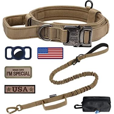 Imagem de OEBEESA Conjunto tático de coleira e trela: coleira de cachorro de nylon militar ajustável com alça retrátil para absorção de choque para cães médios e grandes com remendos de suporte Airtags