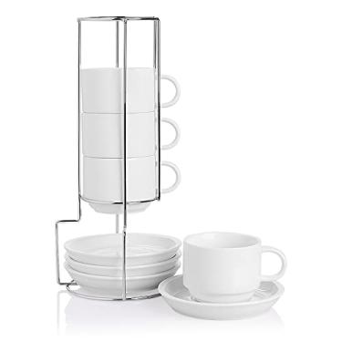 Imagem de Sweejar Copos de cappuccino de porcelana com pires e suporte de metal, copos de café expresso empilháveis de 227 g para bebidas especiais de café, latte, americano, chá - conjunto de 4 (branco)