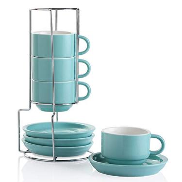 Imagem de Sweejar Copos de café expresso de porcelana com pires, copos de cappuccino empilháveis de 118 g com suporte de metal para bebidas de café, latte, chá - conjunto de 4 (turquesa)