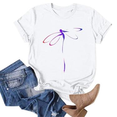 Imagem de Camisetas brancas femininas 2024 verão libélula borboleta gráfico tops manga curta gola redonda blusas básicas túnica casual, Z04 Branco, G
