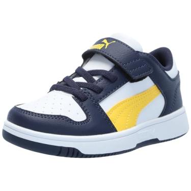 Imagem de PUMA Tênis infantil unissex Rebound Layup Lo Hook and Loop, Puma branco-pelé amarelo - azul marinho, 8 Toddler