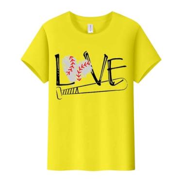 Imagem de Linda camiseta de beisebol feminina com estampa de amor de beisebol manga curta gola redonda casual verão, Z09 - Amarelo, M