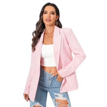 Imagem de TRNY Blazer xadrez de tweed para mulheres – Blazer de terno grande jaqueta manga longa casual estilo namorado trabalho escritório blazer, rosa, P