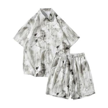 Imagem de Conjunto de camisa masculina de manga curta de seda gelada respirável e fresca, shorts havaianos estilosos, Cinza-claro, Large