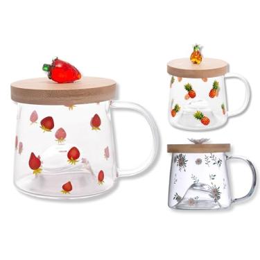 Imagem de Caneca De Vidro Borossilicato 350ml Com Pires De Bambu Resistente Ao Calor Decorativa Estampada Abacaxi Flor Morango Chá Café Cappuccino Xicara Presente Criativo (Abacaxi) (Morango)