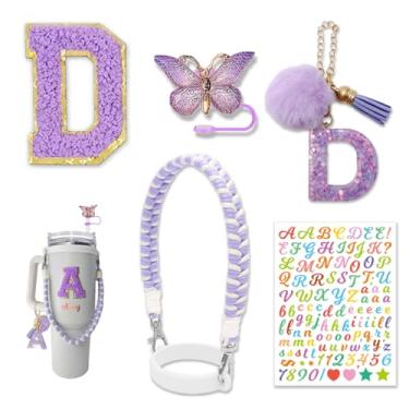 Imagem de Conjunto de acessórios para copo Stanley Cup 850.5 g 1,134.0 g, garrafa de água, alça de copo com alça de letras, adesivos e cobertura de palha de borboleta (roxo D)