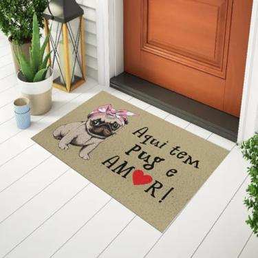 Imagem de Tapete Capacho Divertido E Criativo Desenho Estampado Com Frase - Aqui Tem Pug e Amor Ca705