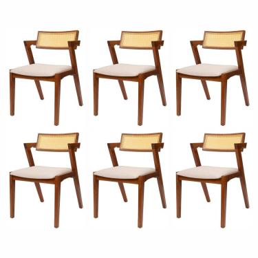 Imagem de Kit 6 Cadeiras de Madeira Maciça Tauari e Rattan Natural com Assento Estofado Zahara Living Outdoor Imbuia