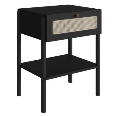 Imagem de Mesa Cabeceira 1 Gaveta Oslo Artesano 48cm (largura) MDP Nero Palha Sintética Bege Pé Madeira Maciça