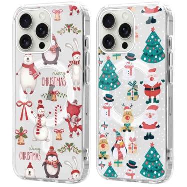 Imagem de Yomjew Pacote com 2 capas magnéticas transparentes de Natal para iPhone 16 Pro Max de 6,9 polegadas, compatível com Magsafe, capa fofa com estampa vermelha de árvore de Papai Noel, à prova de choque,