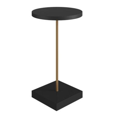 Imagem de Mesa Lateral Redonda Artesano 35 cm Larg Tampo e Base MDP Preto c/ Tubo Metálico Aço Carbono Dourado
