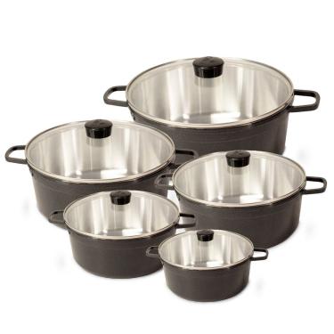 Imagem de Jogo De Panela Fundida Alumínio Batido Caçarolas 5 Peças Tampa de Vidro - Grafite