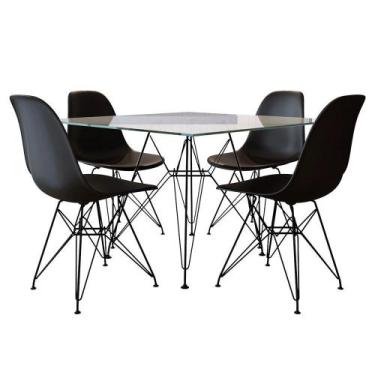 Imagem de Jogo de mesa eames de ferro preto E tampo quadrado vidro 90cm 4 cadeir