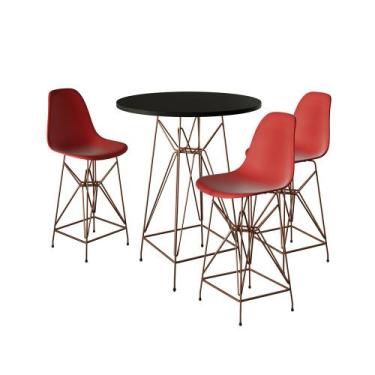 Imagem de Jogo Mesa Bistrô Eames Preta 60cm 3 Banquetas Vermelha Base Ferro Cobr