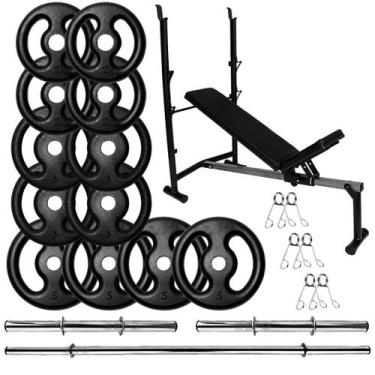 Imagem de Kit Musculação 40Kg Anilhas com Barras de 40cm e 1,50m + Banco Supino 