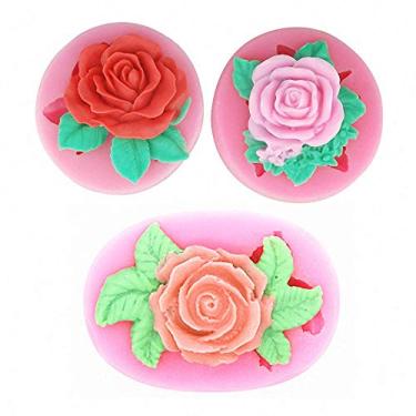 Imagem de 3 peças/conjunto de molde de fondant rosa silicone flor 3D molde de chocolate doces artesanato arte ferramentas de decoração de bolo vela de cera de abelha sabonete artesanal loção barra de cera de