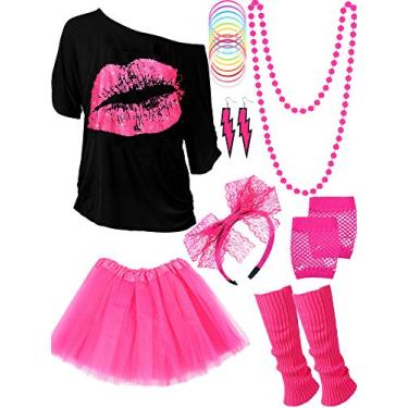 Imagem de Fantasia feminina dos anos 80 com acessórios, camiseta, saia tutu para festa temática de Halloween, Vermelho rosa brilhante, preto, 3G