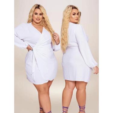 Imagem de Vestido Curto Branco Plus Size Ano Novo Envelope Amarração Decote V Ma