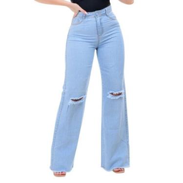 Imagem de Calça Jeans Feminina Wide Leg 100% Delave com Rasgo no Joelho - Kirida