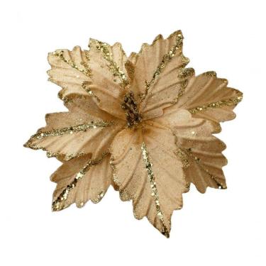 Imagem de Kit 4 Flores Artificial Madeira Glitter Dourado Natal 25cm