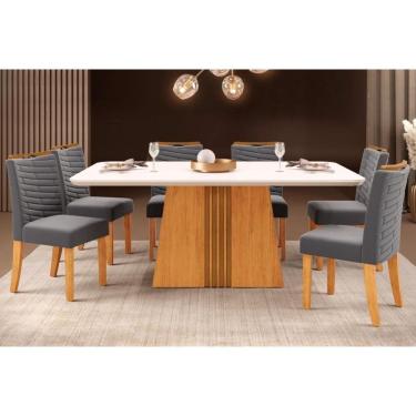 Imagem de Conjunto: Mesa Sala Jantar Italia Tampo Madeirado c/ Vidro Curvo 170x90cm e 6 Cadeiras Julia Cedro/Off White - Suede Lunar - DJ Móveis