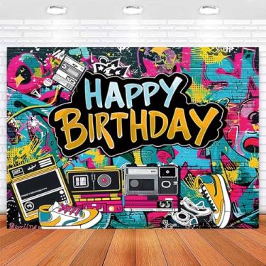 Imagem de Pano de fundo de festa de aniversário hip hop retrô urbano fundo de festa de aniversário anos 80 anos 90 hip hop rock festa de aniversário bolo decoração banner (1,5 x 0,9 m)
