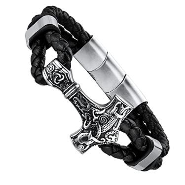 Imagem de FaithHeart Pulseira Viking para homens e mulheres, runa de aço inoxidável/martelo de Thor/lobo/pulseiras de nó celta personalizável, 23 centimeters, Couro, Sem Pedra Preciosa