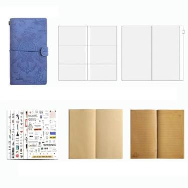 Imagem de Caderno de viagem portátil retrô, papel kraft de folhas soltas, diário minimalista de notas de estudante - caderno de agenda HH-01 - azul + adesivos de viagem 6 peças