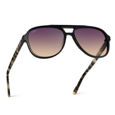 Imagem de WearMe Pro Óculos de sol polarizados retrô chique: aviador feminino, Armação de tartaruga preta creme/lente gradiente pôr do sol, One Size