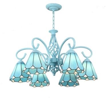 Imagem de DOPZNJWF Lustre estilo Tiffany de 3 luzes com cúpula de vitral azul, luminária pendente vintage, luminária de teto moderna para sala de estar, quarto, hotel