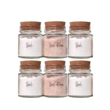 Imagem de Kit Potes de Temperos Vidro Gourmet + 32 Etiquetas Porta Temperos Tampa Rolha Cozinha Armazenamento (06 Potes + Etiq. Transparentes)