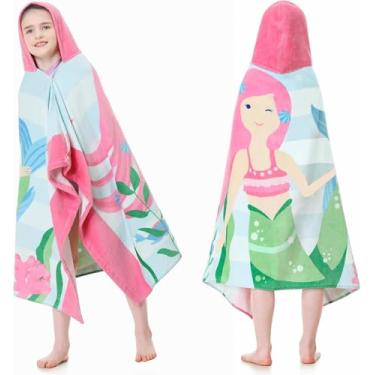 Imagem de Toalha de banho de praia com capuz para crianças, 76 cm x 127 cm, toalha de banho de algodão puro macio para crianças de 3 a 10 anos, poncho absorvente de toalha grande para meninos e meninas (sereia