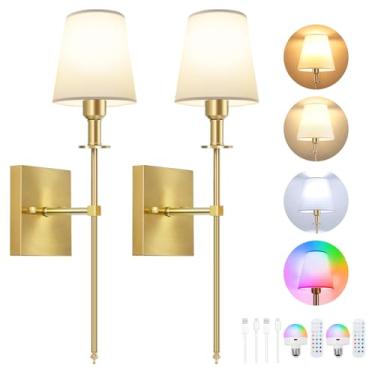 Imagem de zemty Conjunto De 2 Arandelas De Parede Operadas Por Bateria, Arandelas De Parede Sem Fio Com 12 Lâmpadas Removíveis Rgb Reguláveis E Controle Remoto, Arandela De Parede Recarregável Dourada 3000K/4