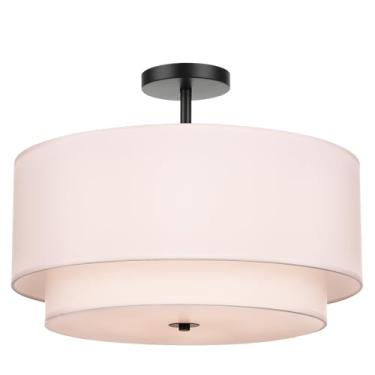 Imagem de FRIDEKO HOME Luminária De Teto - Luminárias De 17,7 Polegadas Montagem No Teto Com Abajur De Tecido De 2 Camadas Luzes De Teto De Tambor Para Sala De Estar Cozinha Hall De Entrada Corredor