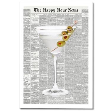 Imagem de Arte de parede moderna em tela de martini verde vintage jornal retrô bar carrinho estética pôster funky 70's coquetel minimalismo impressões cozinha moderna dormitório apartamento decoração de parede