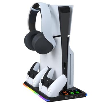 Imagem de Estação de Carregamento de Controlador Duplo de Console, Suporte Com Efeito de Iluminação Rgb para AcessóriosPS5 Com Suporte para Fone de Ouvido (BLACK)