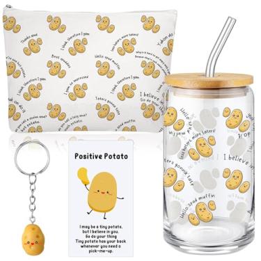 Imagem de Havawish 4 peças, presentes de batata, copos de vidro inspiradores de 473 ml, com tampa e palha, bolsa de cosméticos engraçada, cartão para mulheres, adolescentes, meninas, amigas, presente de