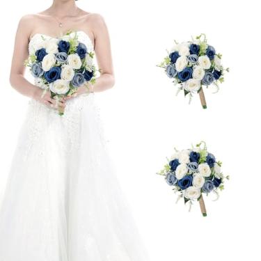 Imagem de HOMENERGY Conjunto de 2 buquês de dama de honra para casamento - buquê de flores de marfim artificial de 17 cm para decoração de mesa de jantar de aniversário de festa - azul