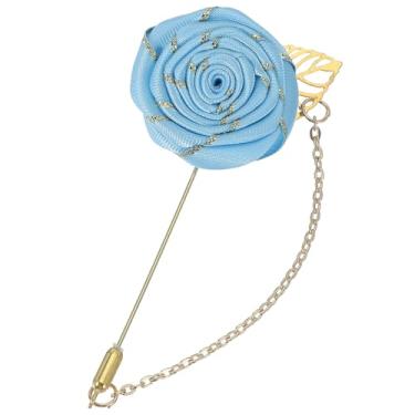 Imagem de uxcell Broche de lapela rosa para ternos masculinos, broche de flor de pano feito à mão com folha de ouro/corrente para acessórios de terno casamento noivo azul claro, 9.5 cm, Metal, Liga metálica.