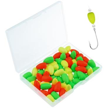 Imagem de EQUIJUANCE Pacote com 65 boias de pesca - Pompano Rigs Flutuam Catfish Rigs com cores de alta visibilidade, flutuadores de espuma de pesca com bala para plataformas de bagre truta Walleye (três cores