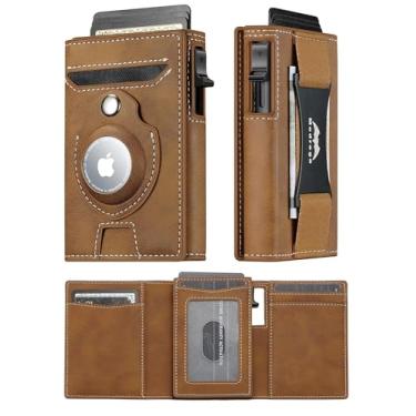 Imagem de Carteira masculina inteligente para AirTag: carteira de cartão pop-up com suporte para Airtag - Carteira Apple Air Tag com alça para dinheiro, Couro marrom, Airtag Wallet, Minimalista