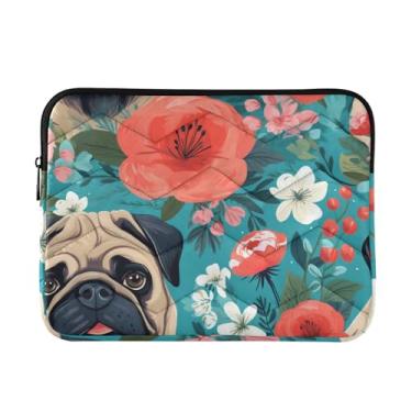 Imagem de Capa para laptop Pug Flowers para notebook de 13 a 14 polegadas, bolsa portátil para computador, pasta, tablet, estojo de transporte de viagem