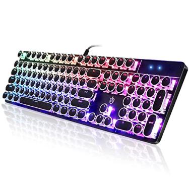 Imagem de YSCP Teclado mecânico para jogos estilo máquina de escrever RGB retroiluminado com interruptor azul tecla redonda retrô teclado de 104 teclas compatível com laptops/Chromebook/desktop (preto, 104