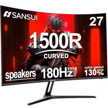 Imagem de SANSUI Monitor curvo para jogos de 27 polegadas 180Hz 1ms com alto-falantes FHD 1080p monitor de computador FreeSync|1500R|130% sRGB|HDR|luz azul baixa|portas HDMI DP|Montagem VESA|Suporte de metal