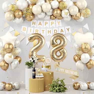 Imagem de Decorações de aniversário de 28 anos, decorações de festa de aniversário de ouro branco para mulheres e homens, balões de creme boho bege suprimentos de festa com faixa, faixa brilhante, topo de bolo