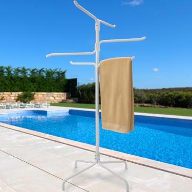 Imagem de Toalheiro de piscina ao ar livre, suporte de toalha independente resistente com 6 barras e base de metal estável, cabide de toalha de banheira de hidromassagem de 132 cm de altura para piscina, spa