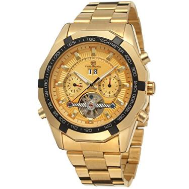 Imagem de FORSINING Relógio masculino anglogue masculino de luxo de aço inoxidável com calendário automático, cor dourada, Moderno