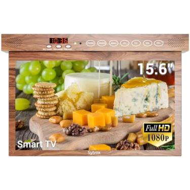 Imagem de SYLVOX TV de cozinha, televisão sob armário de 15,6 polegadas, 1080p FHD, Smart Google TV OS, visualização ampla de 178° para trailer, quarto, barco e mais, mogno