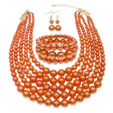 Imagem de MeliMe Colares femininos Faux Big Pearl Srand com 5 camadas de colar de pérolas e brincos conjunto de brincos e bijuterias de pérolas dos anos 1920, presente de casamento nupcial (laranja),