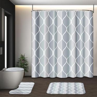 Imagem de Tayney Conjunto de cortina de chuveiro cinza geométrica com tampa de vaso sanitário e tapetes antiderrapantes, cortina de chuveiro abstrata 4 peças para banheiro, decoração moderna e simples de